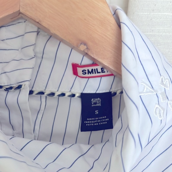 Scotch & Soda White/Blue Asymmetrical Pinstripe High-collar Rear Button Blouse - Picture 7 of 8